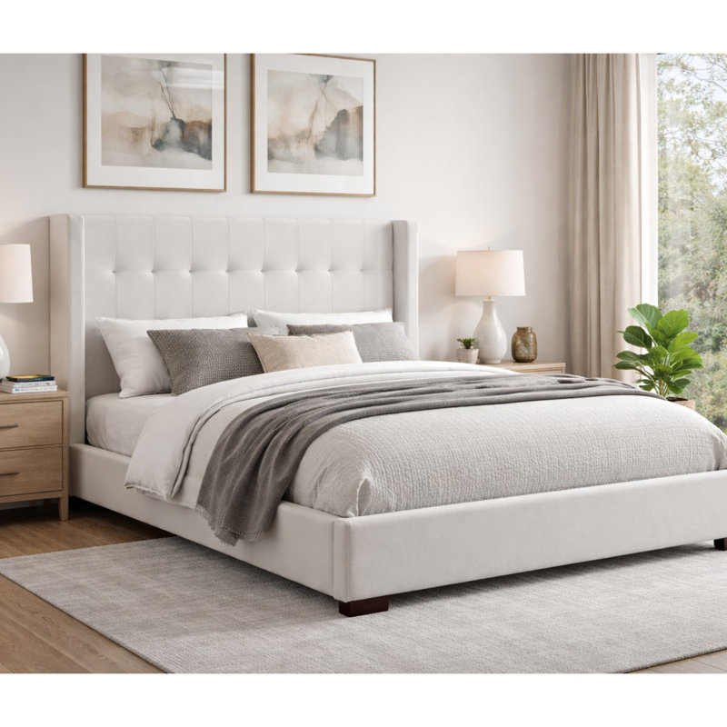 Lit plateforme rembourré Winslow King avec tête de lit capitonnée, beige, Très grand lit