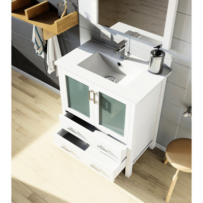 Blanc 30 po Meuble-lavabo large pour la salle de bain, profondeur 18,25 po, comptoir en céramique, miroir 28 po, fermeture en douceur, meuble de rangement, meuble-lavabo longue durée et surface de teinture, tiroirs, rangement, comptoir
