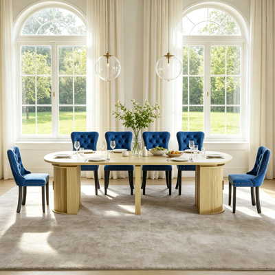 Ensemble de table de salle à manger ovale extensible 47"-118,1" pour 6 personnes, table de cuisine en bois naturel avec base de rangement cannelée et 6 chaises capitonnées en velours