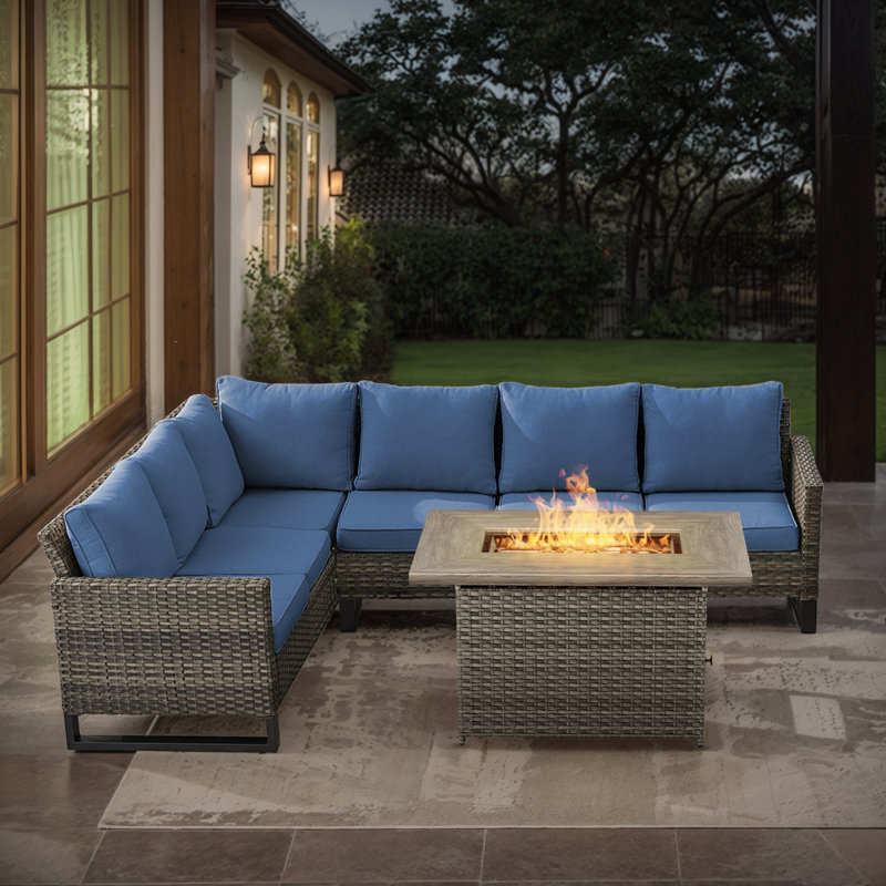 Ingvald 6- Person Outdoor PE Wicker Sectional Seating Group with Fire Pit Table and Cushions, Gray, Blue