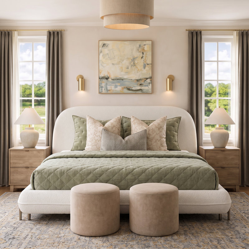 Bed Frame With Boucle Fabric, Upholstered Platform Bed With Curve-Shaped Design & Thick Headboard, King