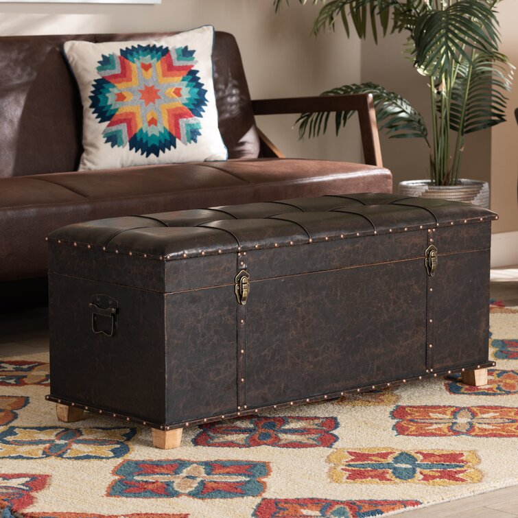 Simpli Home Owen Tray Top Small Coffee Table Storage Ottoman in Distressed Grey Faux Leather