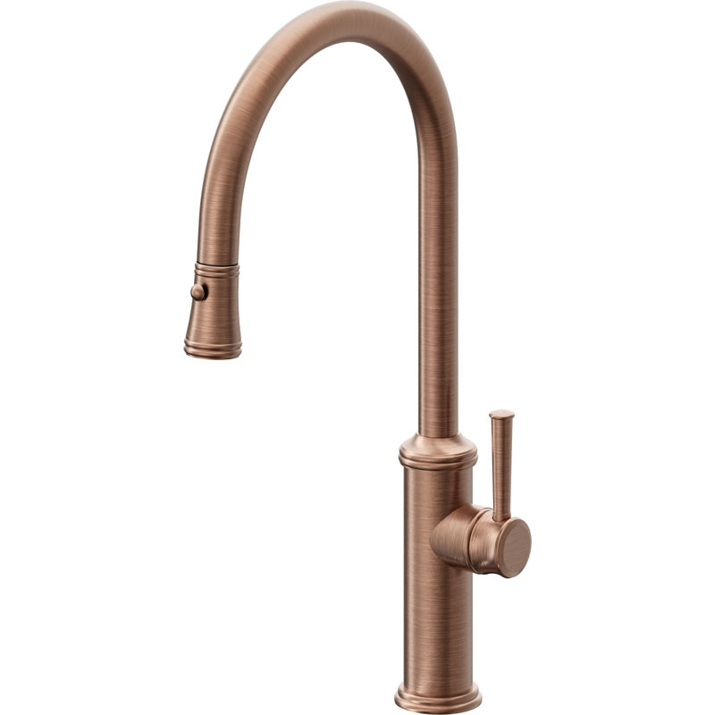Davoli Pull-Down Kitchen Faucet with Button Sprayer - High Arc Spout, Antique Copper Flat