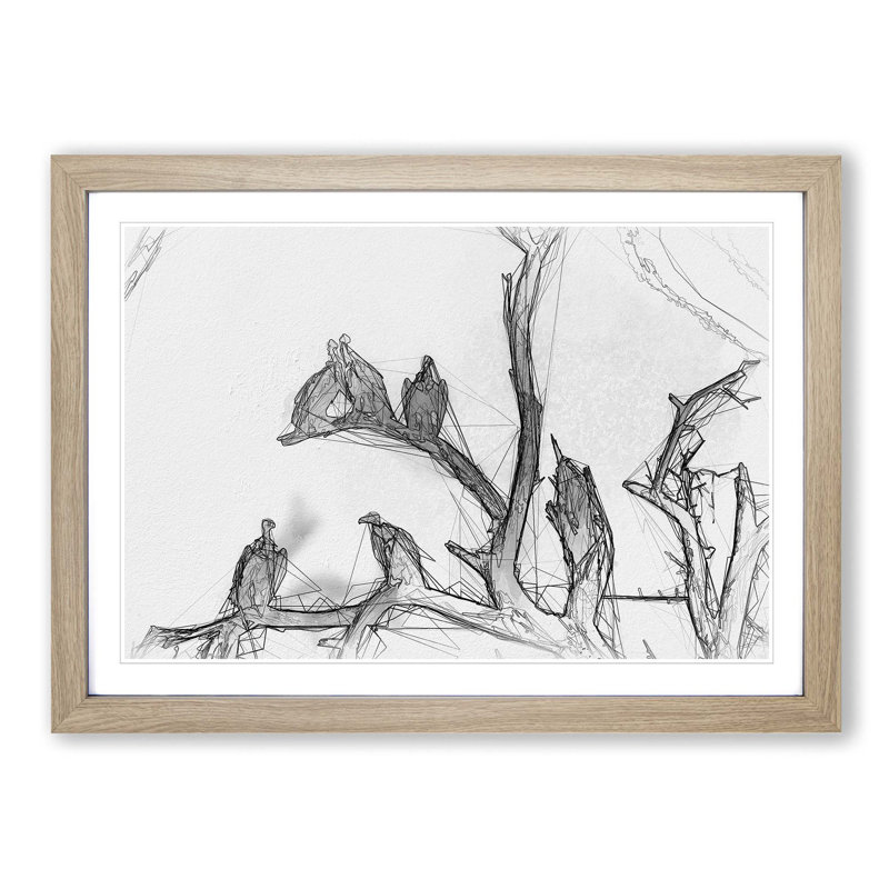 Vultures on a Tree in Abstract - Picture Frame Graphic Art Print, 60cm H x 91cm W x 2cm D, Oak