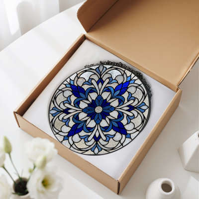 Panneau de vitrail bleu à motif floral