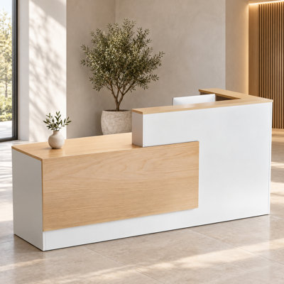 L-Shaped Modern Reception Desk with Raised Counter, White and Natural Wood-Look Finish