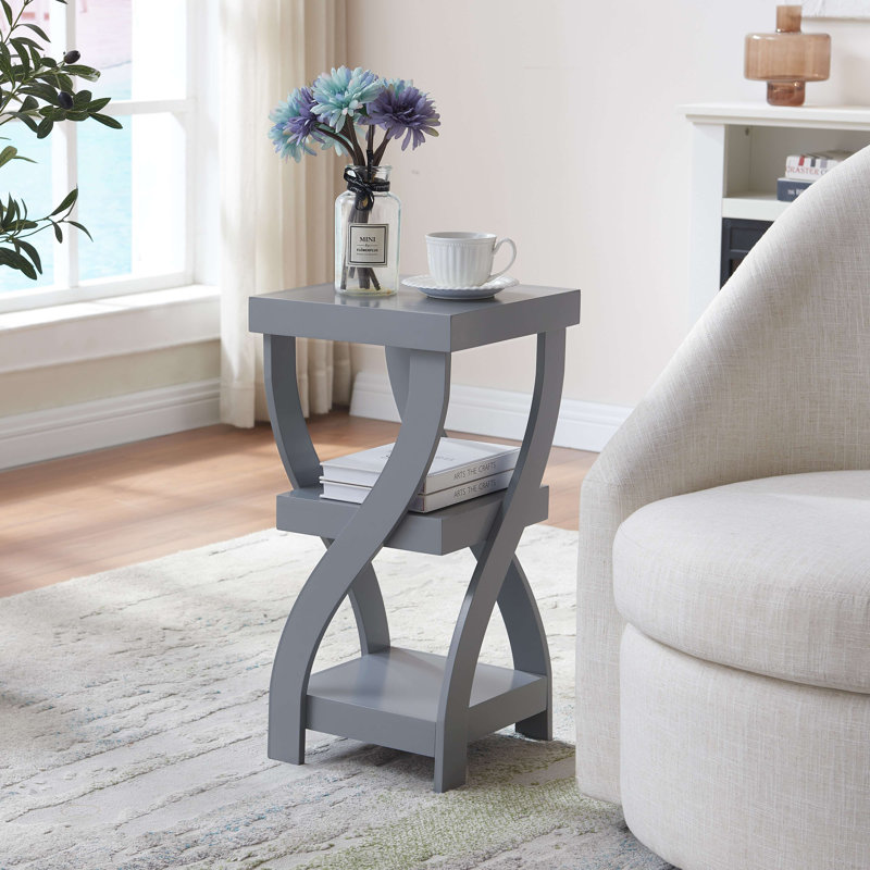 Twisted Wood Accent End Table, 3-Tier Side Table with Open Storage Shelves, Narrow Nightstand or Sofa Table for Bedroom, Living Room & Office - Grey
