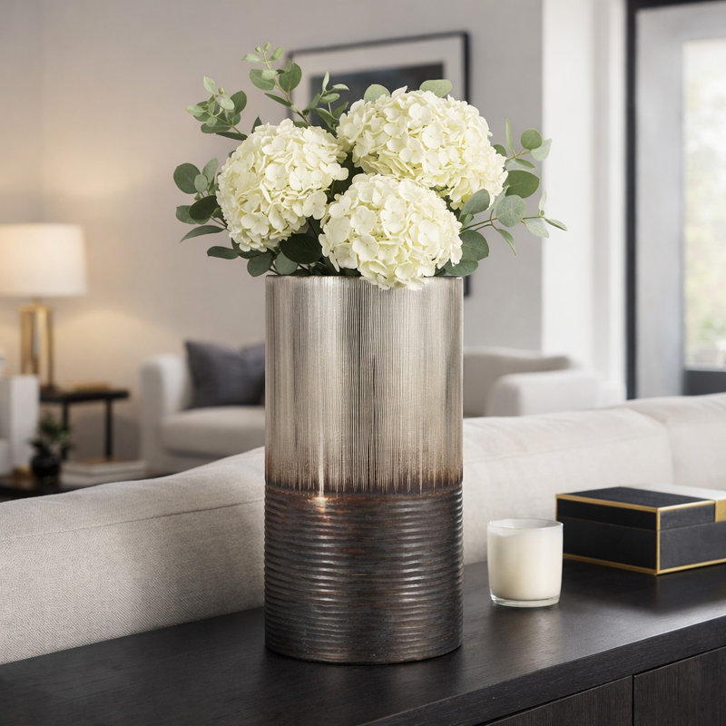 Cylinder Two Tone Glass Table Vase for Home Tabletop Decor - Decorative Tall Flower Vase Accent for Shelves, or Living Room Styling - Silver & Bronze