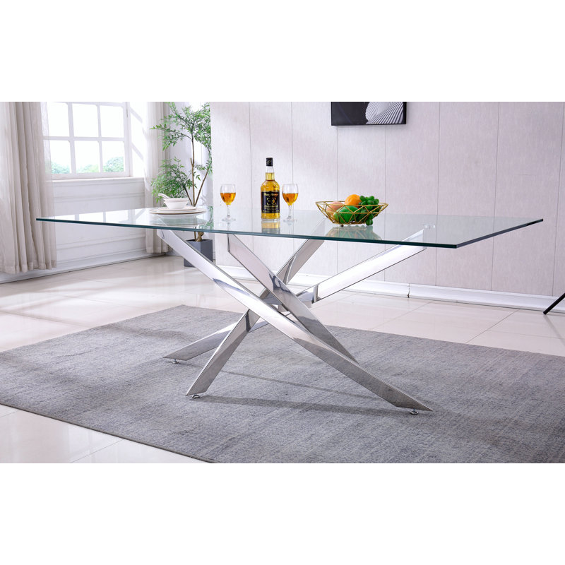 Glass Top Metal Base Dining Table, Silver