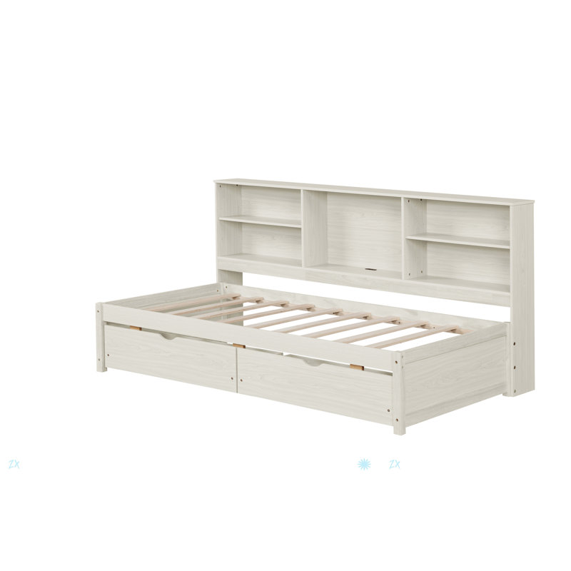 Bed Frame With Side Bookshelves, Two Drawers, And Built-In USB Port