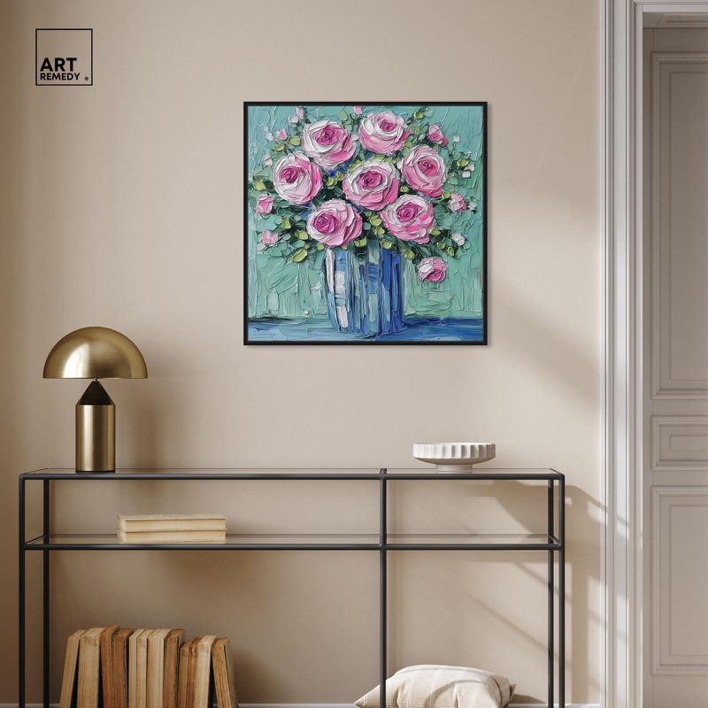 Vases à fleurs en toile de stuc et fleurs modernes par Art Remedy, Cadre flottant noir, H 25 po x l 25 po x P 1,8 po
