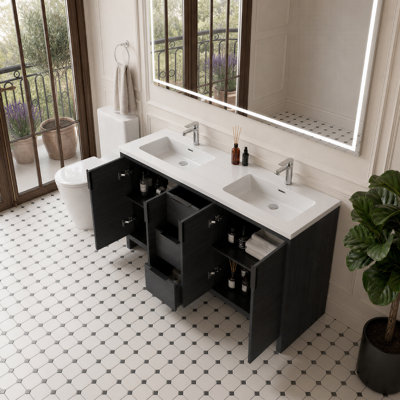 Meuble-lavabo double autoportant de 152 cm (60 po) avec comptoir en résine blanche brillante, armoire à 4 portes et 6 tiroirs en chêne blanchi, design moderne pour petites salles de bain, hôtels, chambres d'hôtes et propriétés privées.