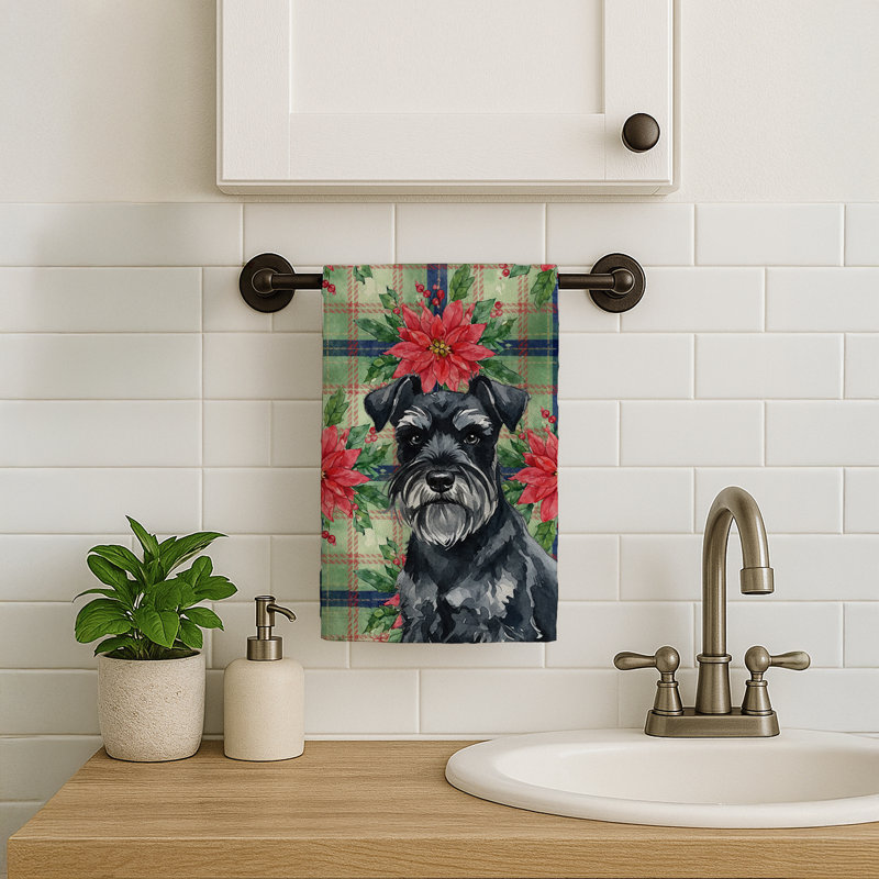 Black Miniature Schnauzer Christmas PoinsettIas Kitchen Towel, Black Miniature Schnauzer
