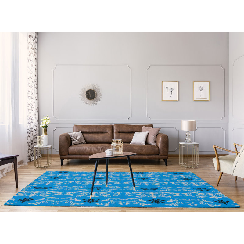 Tapis damassé bleu / blanc, Rectangle 8 pi x 10 pi