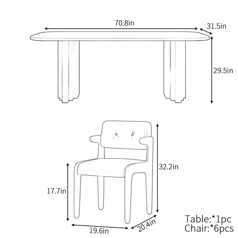 Ensemble de table de salle à manger rectangulaire français, H 29,5 po x L 70,8 po x l 31,5 po