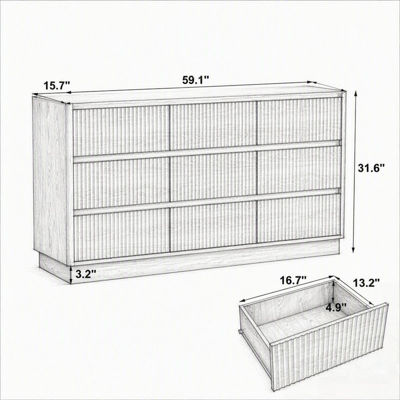 Commode à 9 tiroirs avec grands tiroirs, style moderne du milieu du siècle, en bois, offrant un rangement polyvalent et un meuble TV.