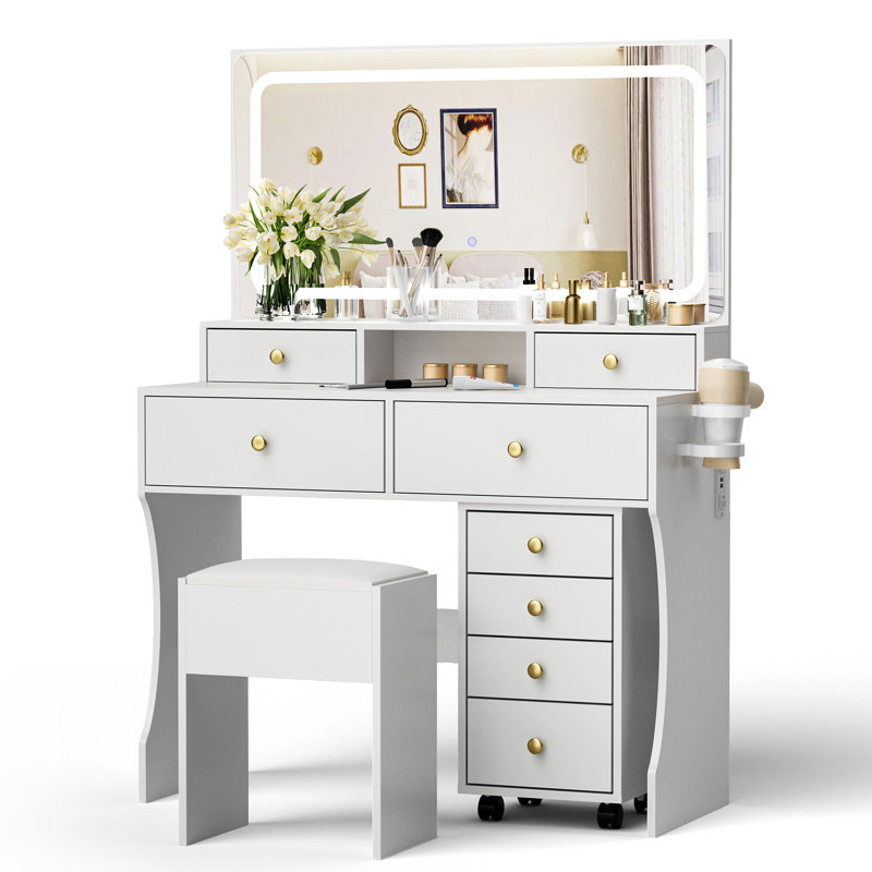 Coiffeuse 6 tiroirs avec grand miroir lumineux et tabouret de coiffeuse, support de ventilateur