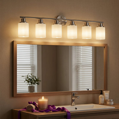 Applique murale moderne de salle de bain en nickel à 6 lumières, 39 po, avec abat-jour en verre dépoli blanc laiteux