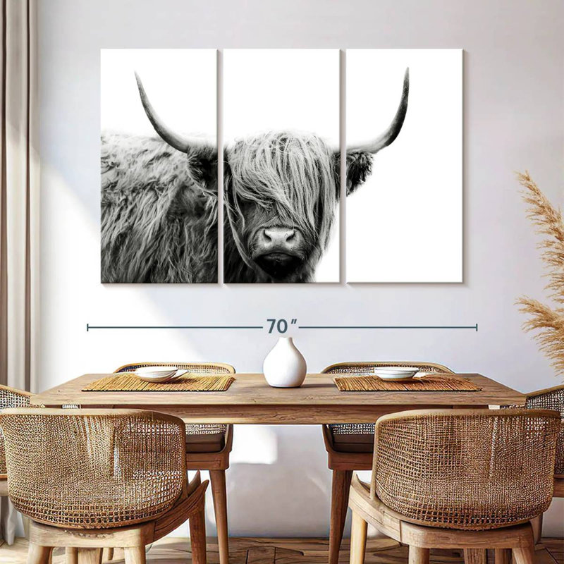 BW Highland Cow Wall Art, reproduction d'art sur toile, H 42 po x l 65 po x P 1,25 po