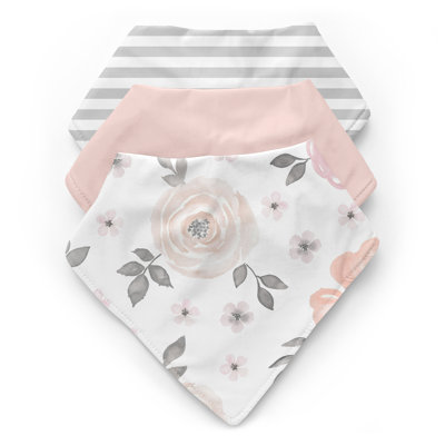 Watercolor Floral Pink and Grey Fabric Bandana Baby Bibs by Sweet Jojo Designs -  3P-Bib-WatercolorFloral-PK-GY