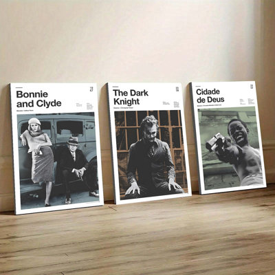 Ensemble de 3 affiches encadrées, reproductions de films classiques : Bonnie et Clyde, The Dark Knight, Cidade de Deus. Décoration murale idéale pour le salon ou la salle de cinéma maison. Réalisateur : Christopher Nolan. Cadeau parfait pour les amateurs de cinéma. Design moderne et minimaliste.