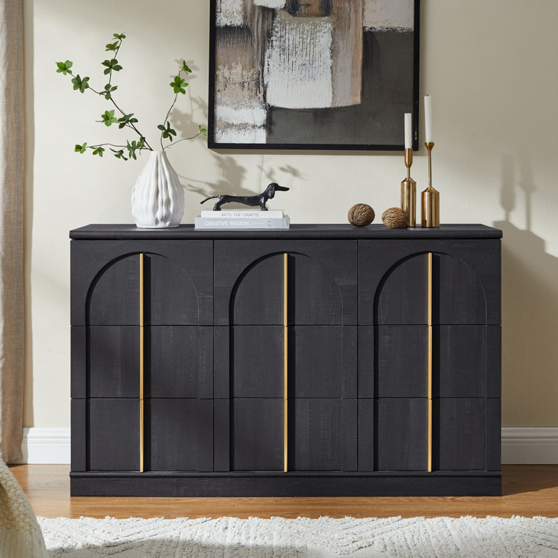 Commode moderne 9 tiroirs, commode de chambre à coucher avec poignées en métal, Noir