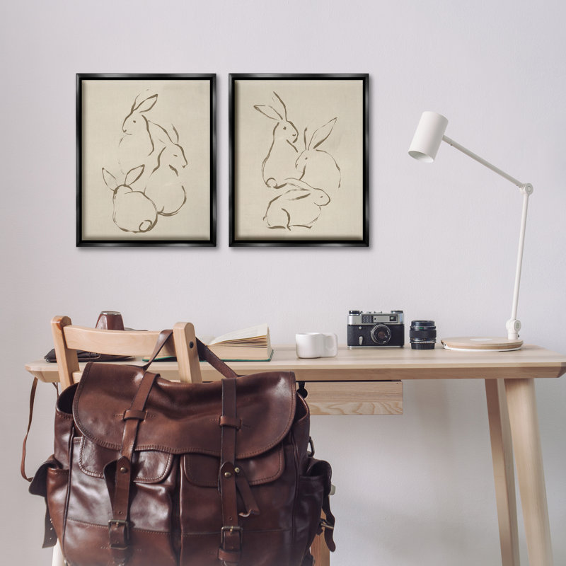 Earthtone Sitting Rabbits Sketch 2 PC Framed Floater Canvas Set by June Erica Vess, Black Floater Frame, 21" H x 17" W