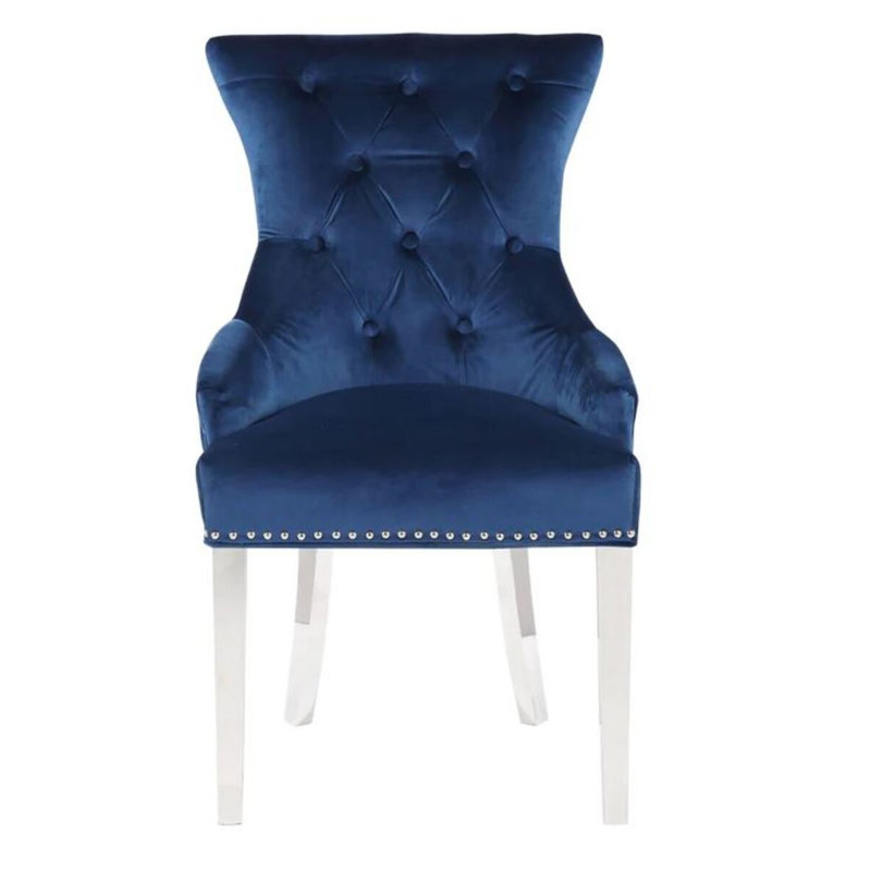 Chaise parsons capitonnée en velours, Bleu / chrome, 1