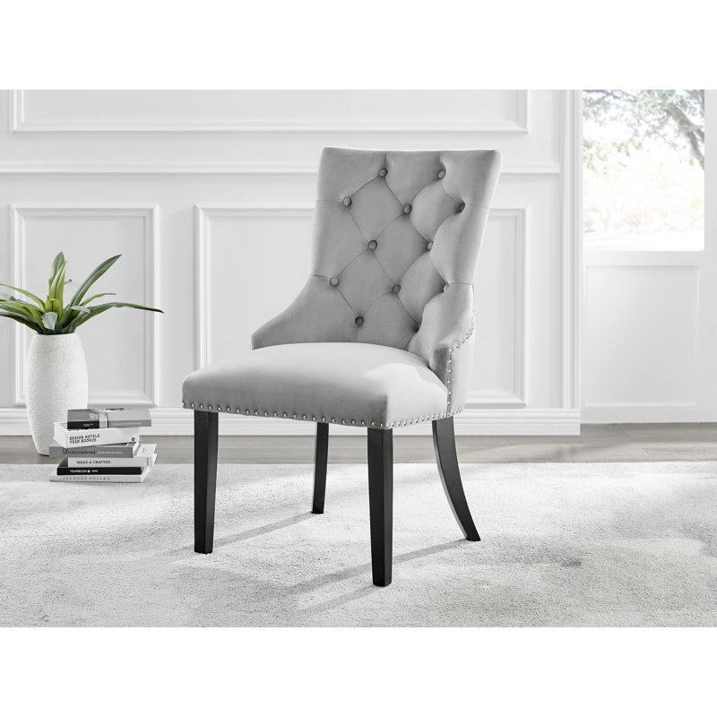 Marietta Chrome Metal & White High Gloss Dining Table Set - 4 Button Luxury Velvet Dining Chairs, Grey