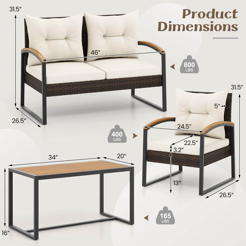 Ensemble de conversation 17 pièces 4 pièces pour patio avec table basse et accoudoirs en bois d'acacia massif