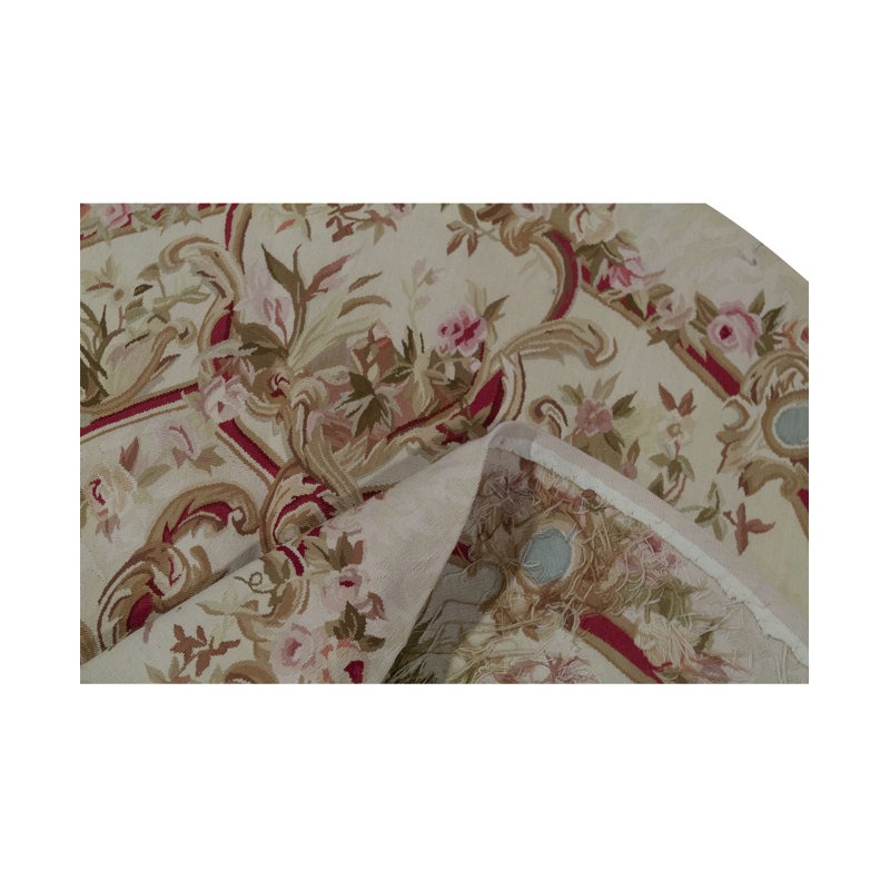 Hand-Knotted High-Quality Ivory and Red Round Area Rug