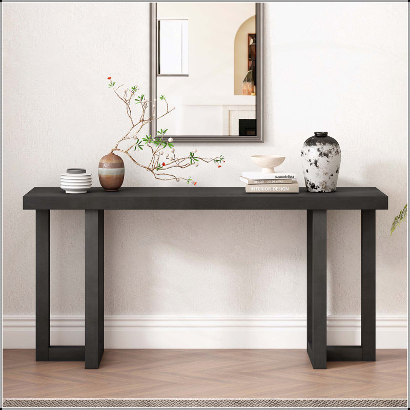 Console de conception géométrique avec pieds en pin massif, idéale pour une décoration intérieure polyvalente, Noir