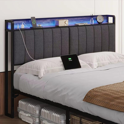 Queen Size Upholstered Headboard With Led Lights, Charging Station, Usb & Type-c Ports, Linen Fabric, Adjustable Height, Sturdy Frame, Easy Assembly