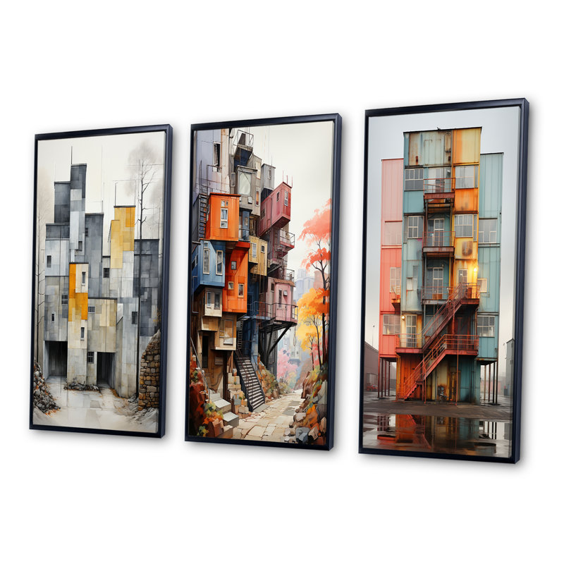 «Winter Warehouse Palette», 3 pièces sur toile, Cadre noir, H 32 po x l 48 po