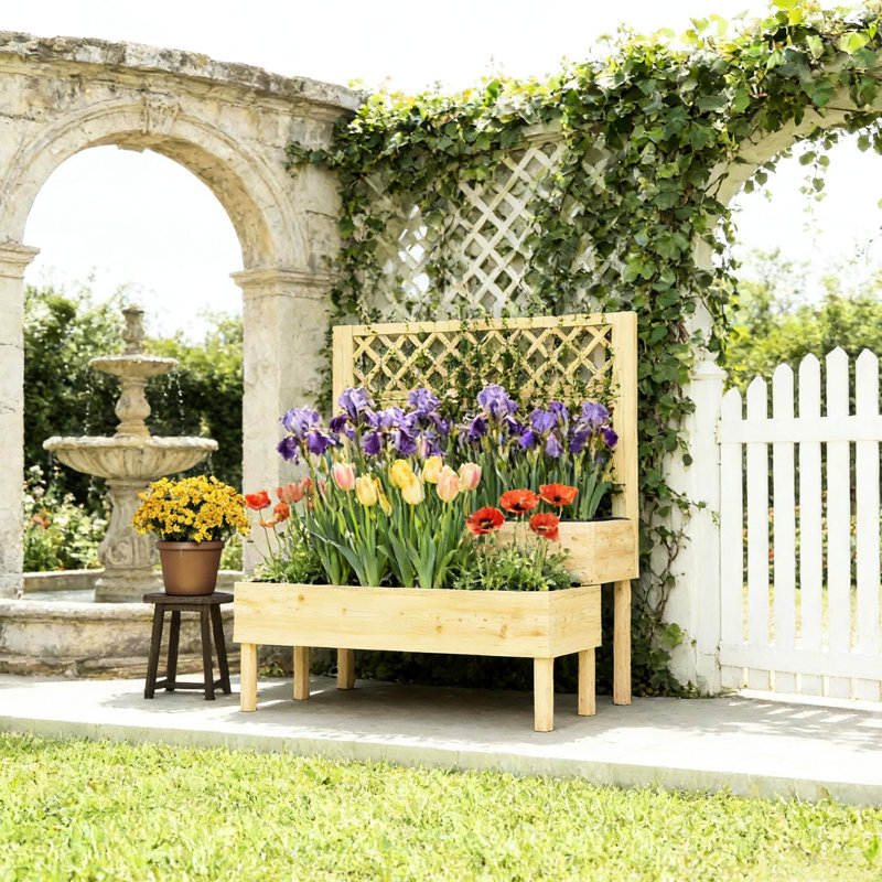 Outdoor Raised Garden Bed With Trellis, Two - In One Design For Climbers, Support Various Plants, Ergonomic Stepped Structure, Simple Assembly, Rustic Charm, Natural Wood Color Patio Planter Box
