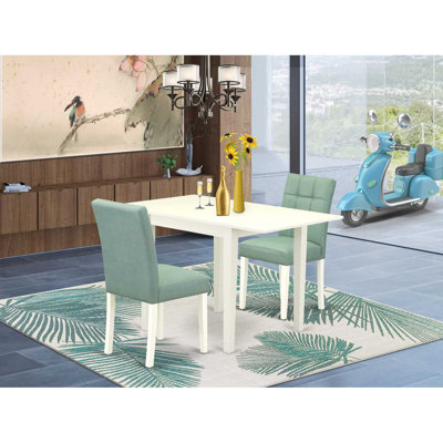 L'ensemble de salle à manger moderne 3 pièces comprend une table de cuisine et 2 chaises Parson en tissu de polyester vert saule, blanc lin