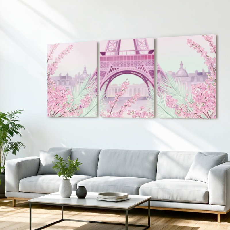 Ensemble de 3 toiles murales encadrées représentant des fleurs de cerisier roses et la Tour Eiffel, pour la décoration du salon et de la chambre.