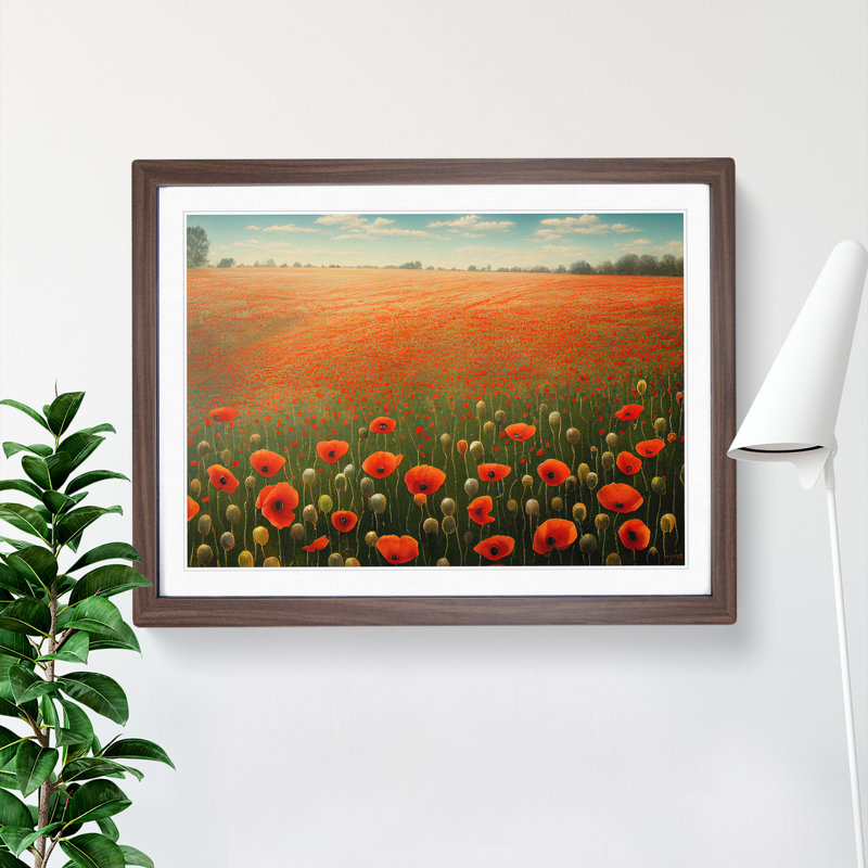 Iconic Poppy Field Flowers 1 Piece Single Picture Frame Painting, 46cm H x 64cm W x 2cm D, Walnut