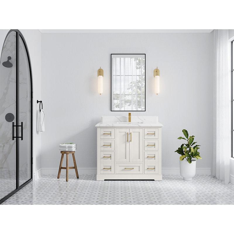 Boston 42 po X P 22 po D Meuble-lavabo simple en albâtre avec quartz Cove Edge, 1,5 PO – quartz Calacatta Laza