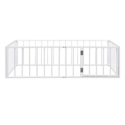 Twin Size Metal Floor Bed Frame with Guard Rail and Door, White/Montessori-Style Low Bed for Bedroom