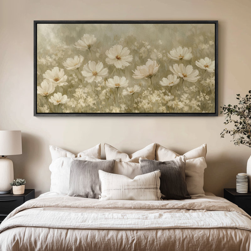 Art mural sur toile encadrée - Prairie délicate de fleurs sauvages sur fond vert doux - 16 po x 24 po, 24 po x 36 po, Noir