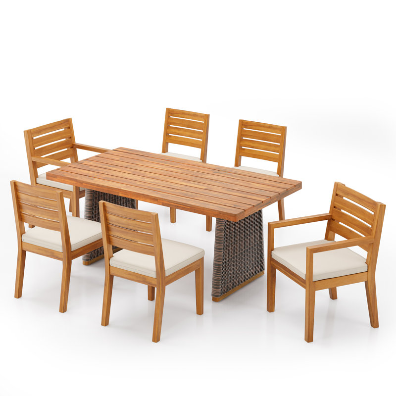 Ensemble de salle à manger de patio moderne en bois d'acacia et en osier PE avec accoudoirs et chaises d'appoint, coussins hydrofuges