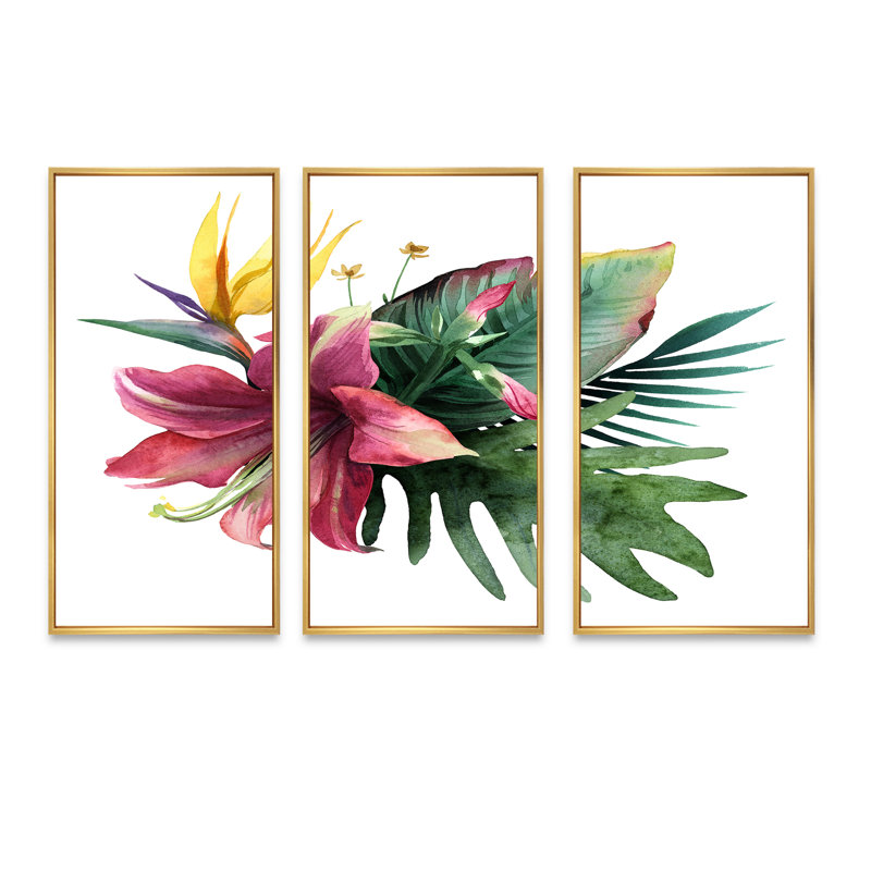 Bouquet de fleurs tropicales et de feuilles sur fond blanc - ensemble d'art mural sur toile tropical encadré de 3, Or