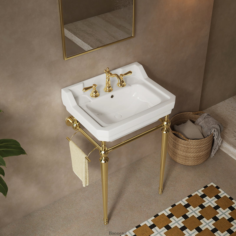 Évier console en céramique blanche 23 po, pieds autoportants dorés avec barre à serviettes, 3 trous pré-percés, Doré, Gold