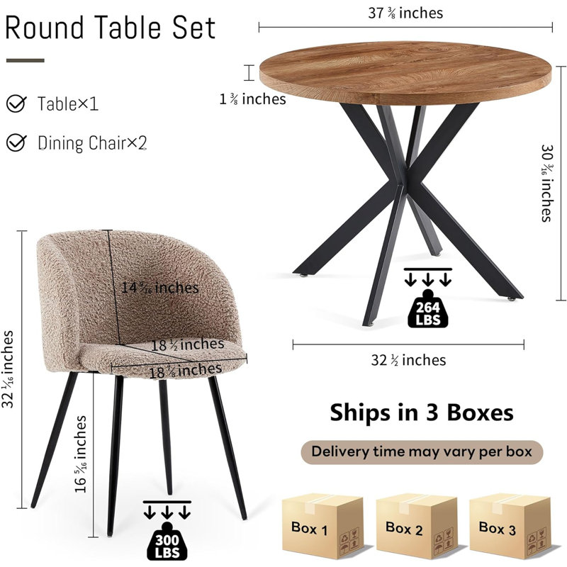 Carlisle Round Pedestal Dining Table Set, 3 Pieces: Table, 2 Chairs, Brown