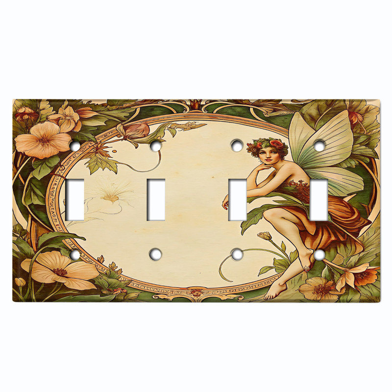 Couvercle de plaque d'interrupteur en métal; Bascule à 4 bandes US standard - cadre floral de conte de fées, # 4 Quad bascule