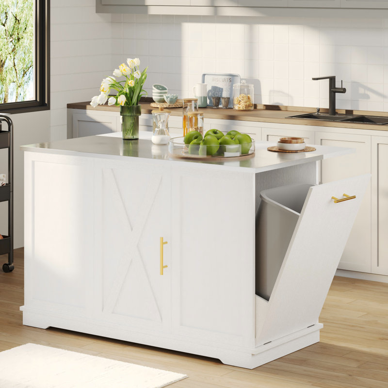  Îlot de cuisine avec abattant et sièges, îlot avec rangement pour les déchets, Blanc