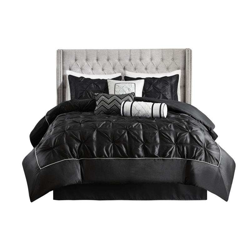 King 7 Piece Comforter - White Gorgeous 1 Comforter, 2 Shams, 3 Decorative Pillows, Bed Skirt Washable Comfort Bedding Fill Machine