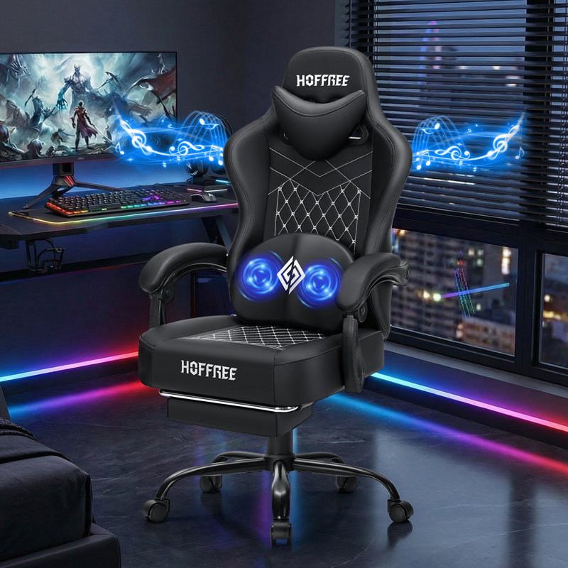 Inbox Zero Adjustable Reclining Ergonomic Faux Leather PC & Racing Game Chair with Bluetooth Speakers and Vibration Lumbar Pillow
