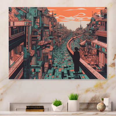 Paysage urbain orange et vert dévoilé - décoration murale en métal City Art Deco